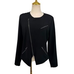 Mossimo Moto Jacket Women Large Black Asymmetrical Zip Collarless Ponte Knit